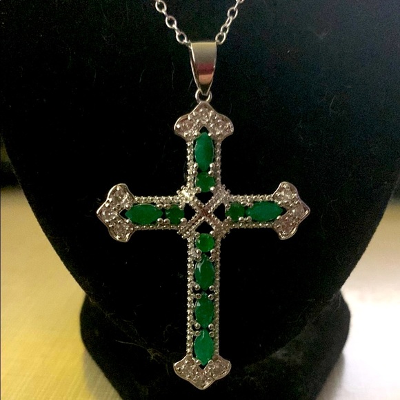 Vibrant Green Emerald Cz’s and Silver Cross Necklace with Sparkling Accents